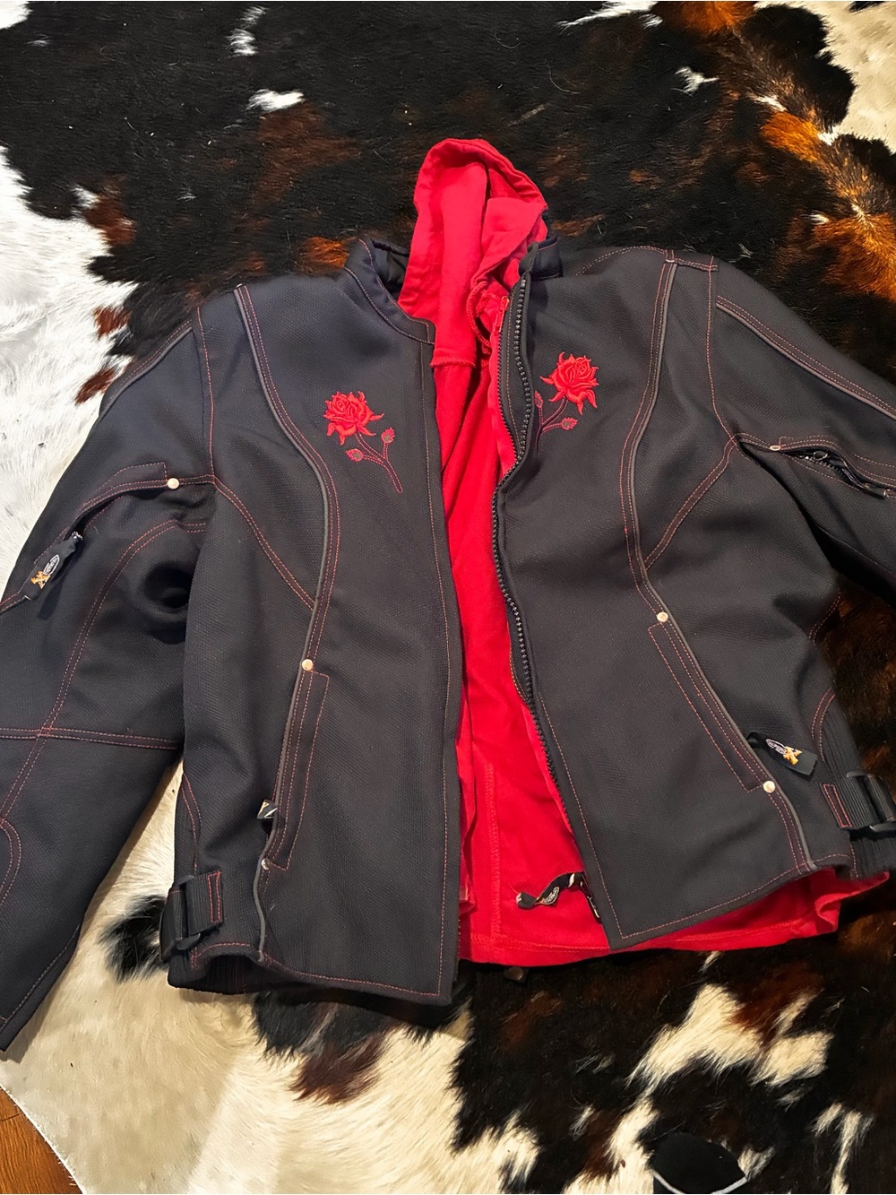 Element Black Motorcycle Jacket with Red Rose Embroidery and Red Liner